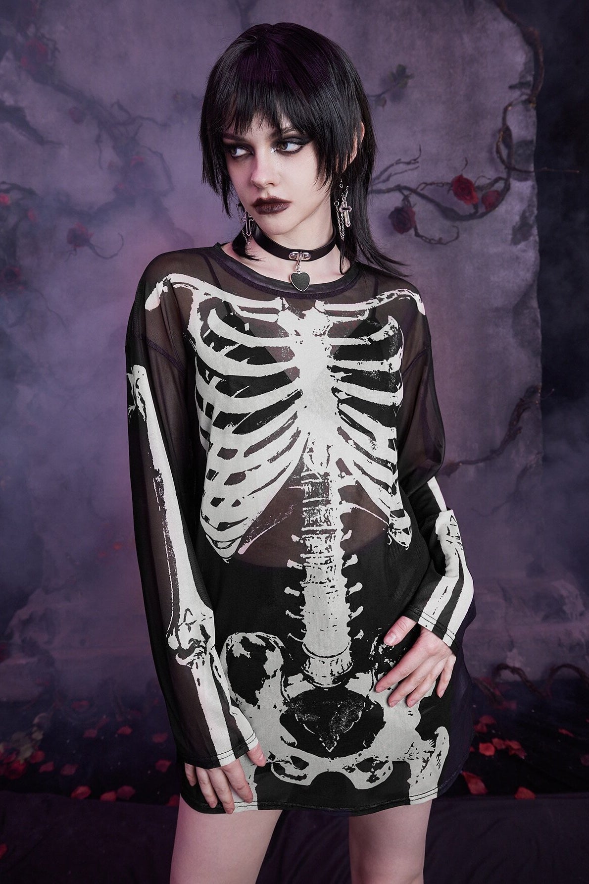 Dark Style Skull Print Mesh Knit Top