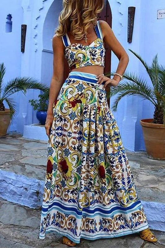 Conjunto de dos piezas de vestido con estampado halter y temperamento playero