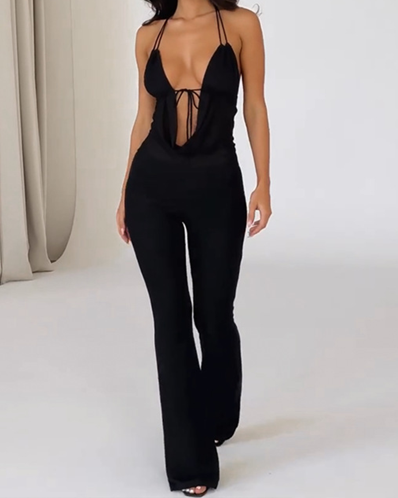 V-Neck Tie Hollow Jumpsuit