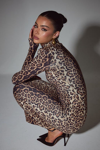 Elegant Leopard Mock Neck Bodycon Maxi Dress