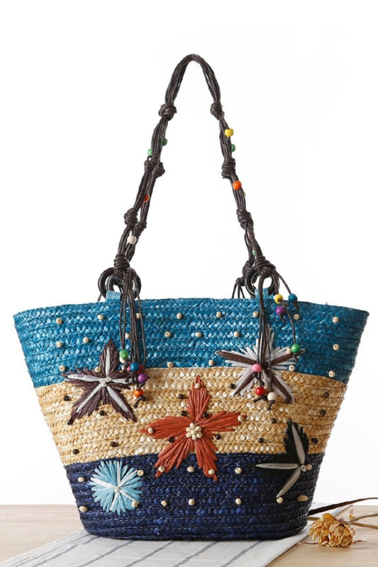 Bolso tote de paja con tejido de estrella de mar bordada Arora 