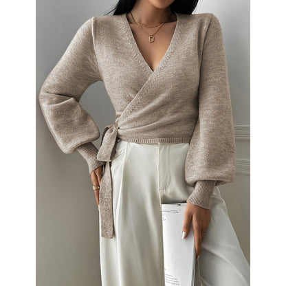 Beige Wrap Knit Sweater with Long Sleeves for Women - Clara