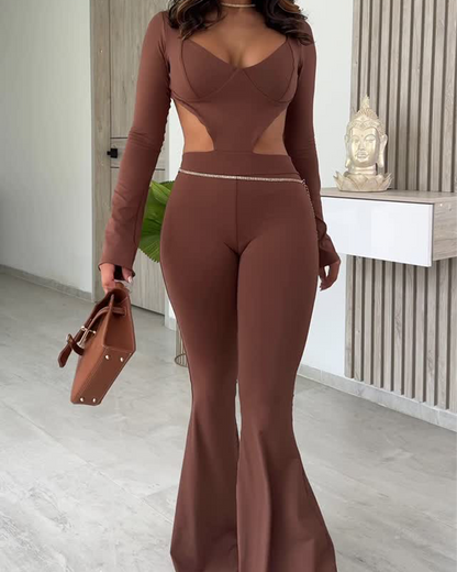 Long-Sleeved Hollow Slim Jumpsuit (Pre-Sale)