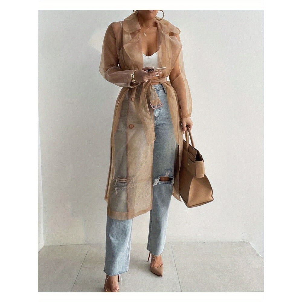Sheer Long Sleeve Trench Coat with Belt for Women - Diana
