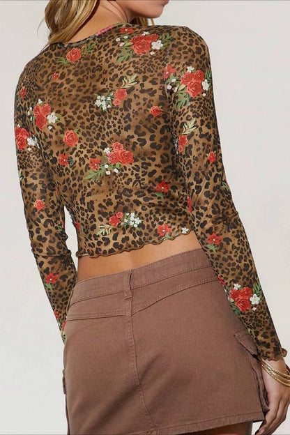 Leopard Floral Mesh Long Sleeve Crop Top