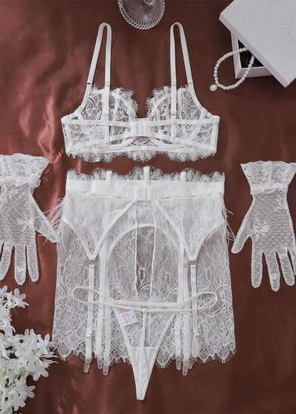 Feather Lace Lingerie Set with Gloves – White Bridal 3-Piece