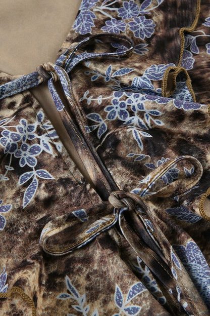 Vintage Animal Print Tie Front Ruffle Blouse