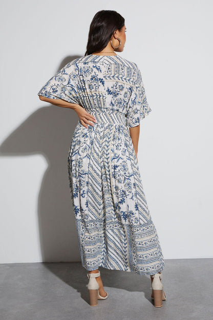 Floral Print V-neck Short Sleeve Maxi Dress