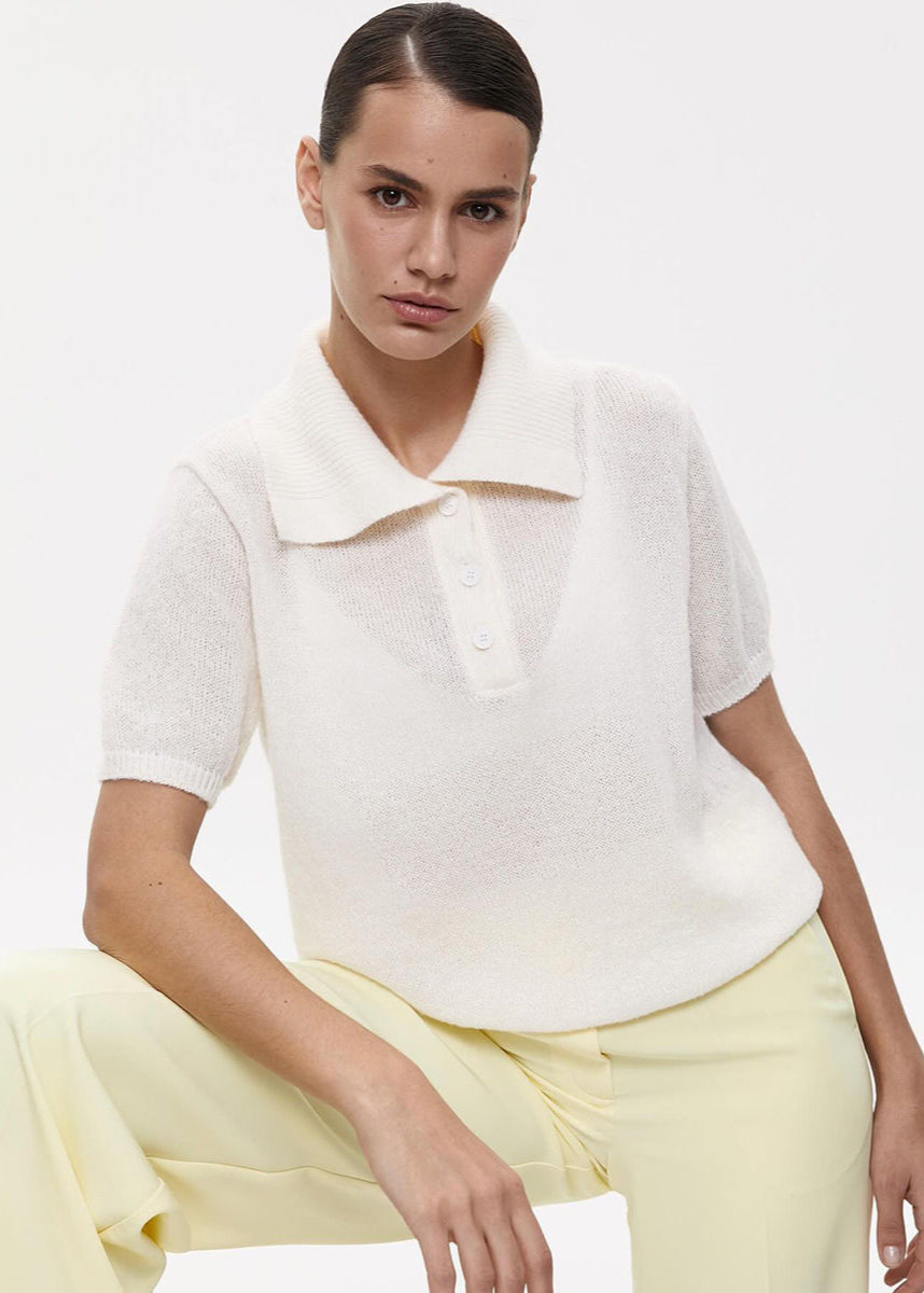 Clara Soft Knit Polo Tee – Lightweight Textured Short Sleeve Top