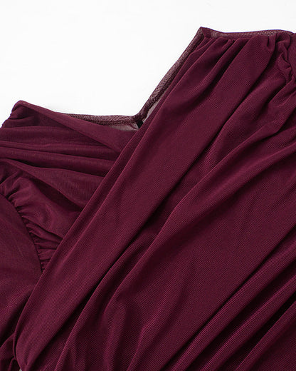 Solid Color Mesh Sexy Pleated Long Sleeve T-Shirt