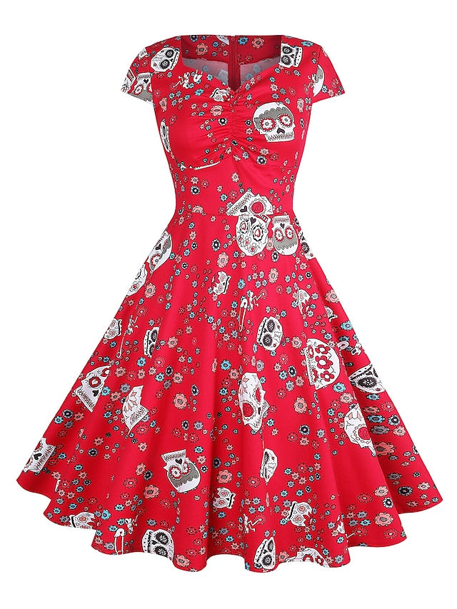 1950s Vintage Vintage Dress Midi Dress Going out Summer Dress Print Bull One Shoulder Short Sleeve Regular Fit Summer Spring  Red S M L XL for Women