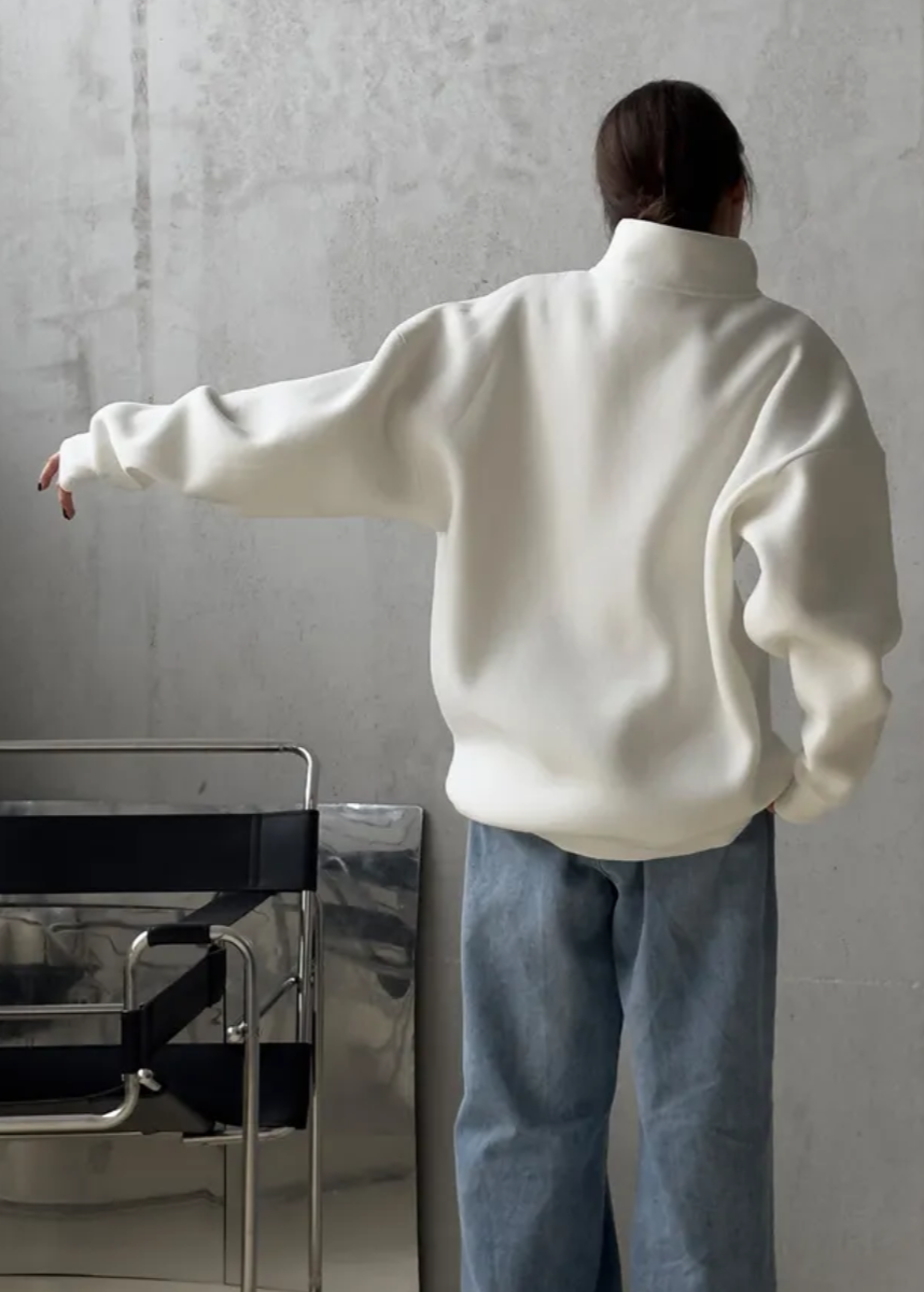 Ivory Drift - Oversized Half-Zip Fleece Pullover with Tall Collar