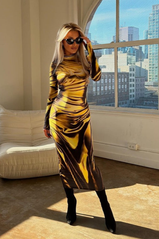 Floral Print High Waist Long Sleeve Bodycon Maxi Dress