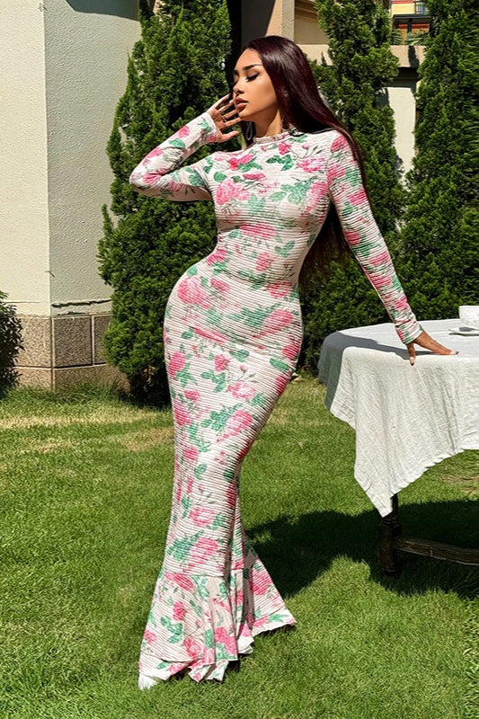 Elegant Floral Print Long Sleeve Bodycon Maxi Dress
