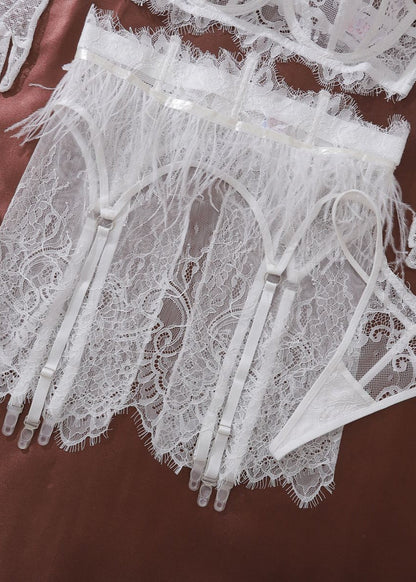 Feather Lace Lingerie Set with Gloves – White Bridal 3-Piece