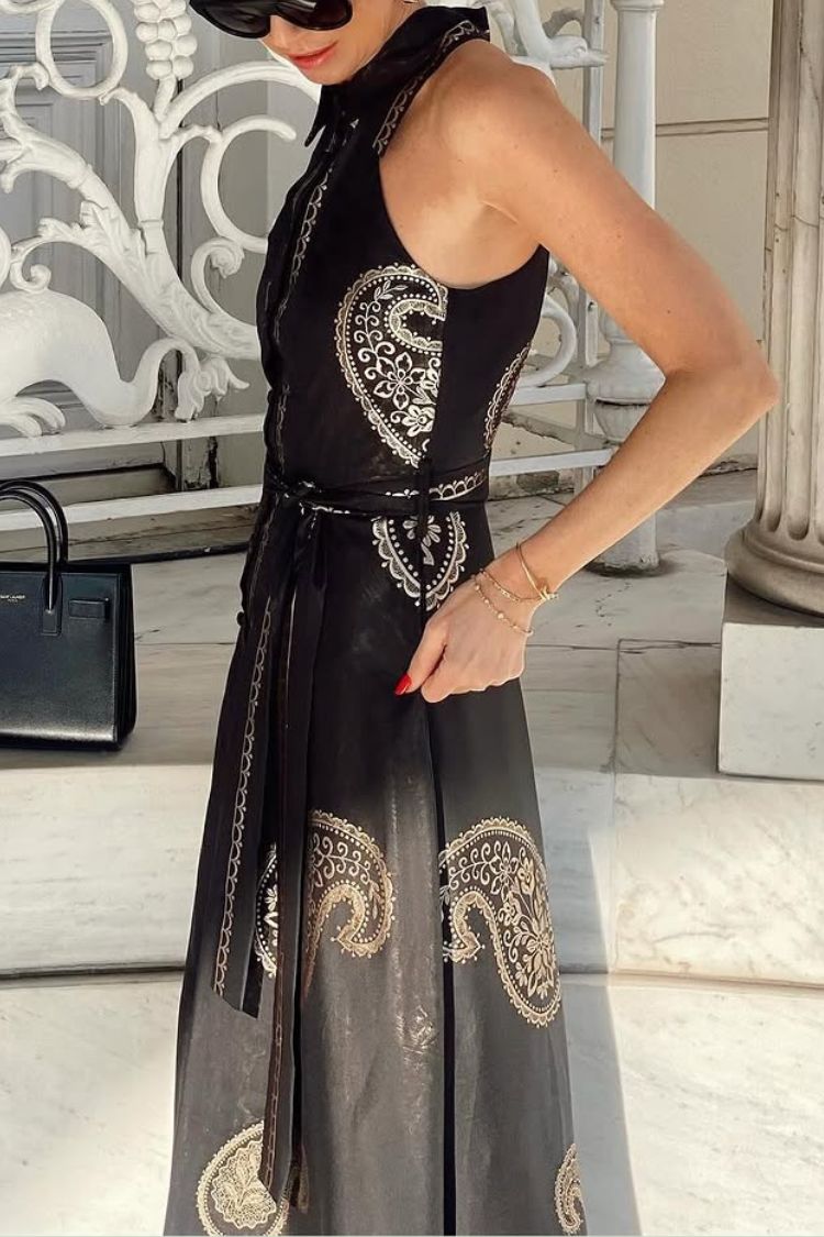 Vestido largo sin mangas con cuello camisero y bolsillos con lazo "Vacation Calls"