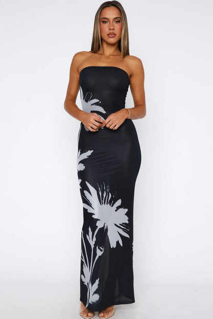 Sexy Strapless Floral Print Bodycon Maxi Dress