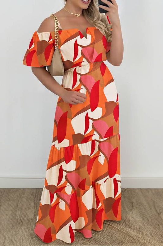 Vestido de manga corta con un solo hombro, cintura alta y color en contraste