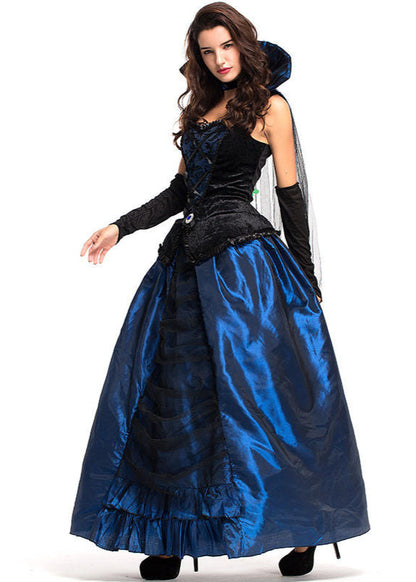 Midnight Duchess - Women’s Blue and Black Vampire Costume Gown with High Collar