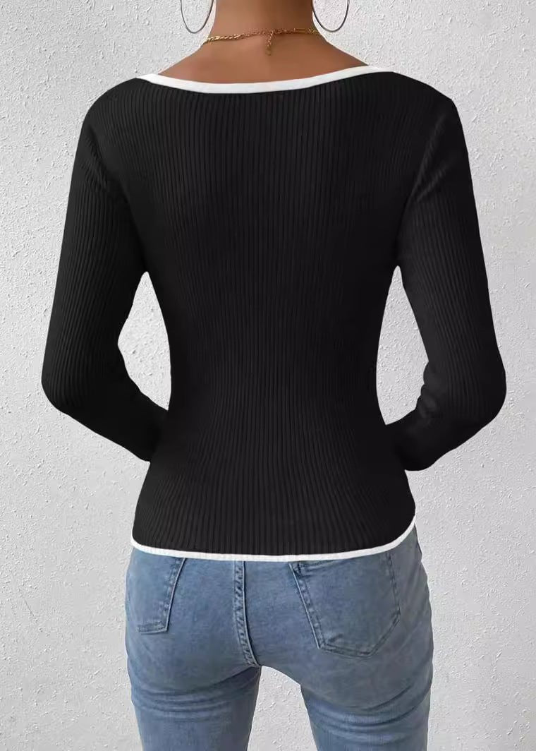 Classic Ribbed Knit V-Neck Sweater with Contrast Trim