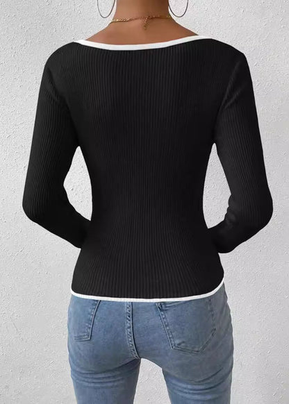 Classic Ribbed Knit V-Neck Sweater with Contrast Trim
