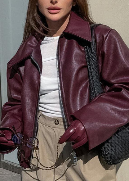 Burgundy Faux Leather Zip-Up Jacket - Effortless Edge