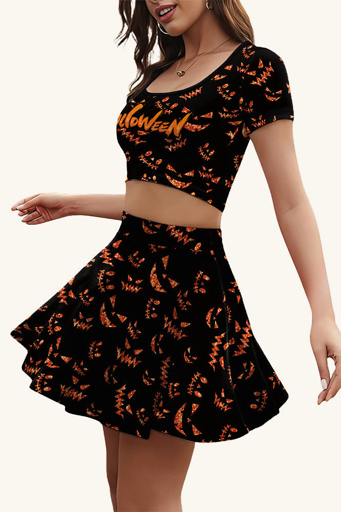 Halloween Ghost Print Pleated SkirtTop Two Pieces Set