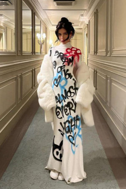 Sexy High Neck Graffiti Color Block Bodycon Maxi Dress