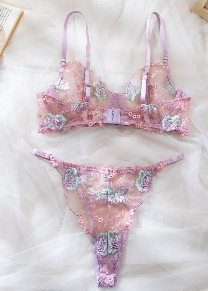 Blush Petal Embroidered Sheer Lingerie Set
