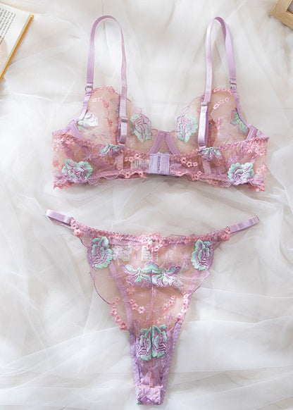 Blush Petal Embroidered Sheer Lingerie Set