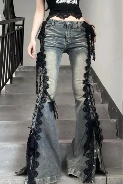 American Retro Lace Strap Slit Bell-bottom Jeans