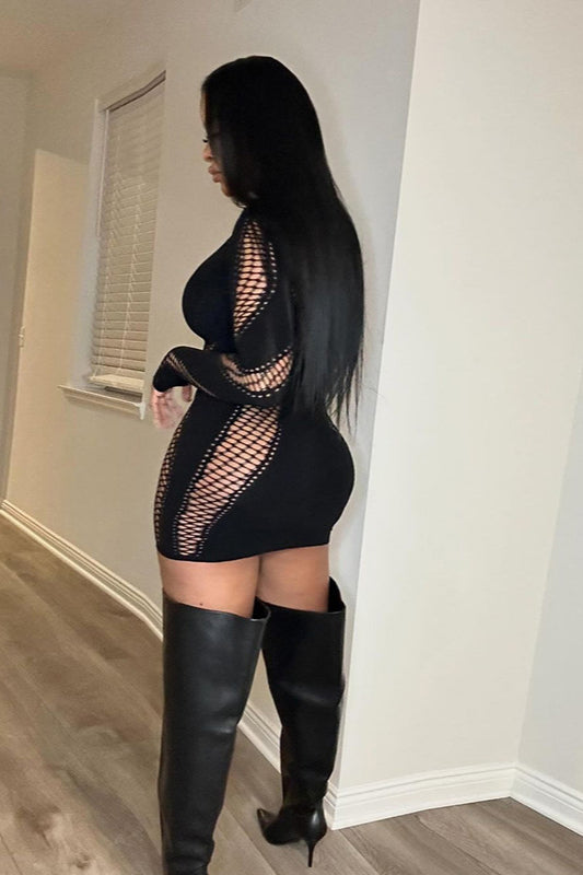 Turtleneck Solid Cut Out Long Sleeve Mini Dress