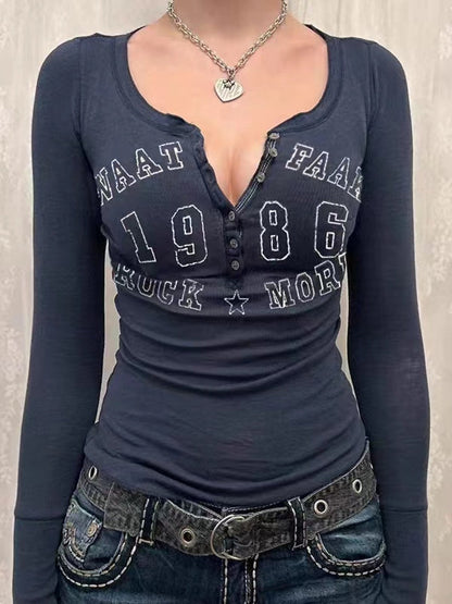 Navy Blue Vintage Long Sleeve Top with Letter Logo