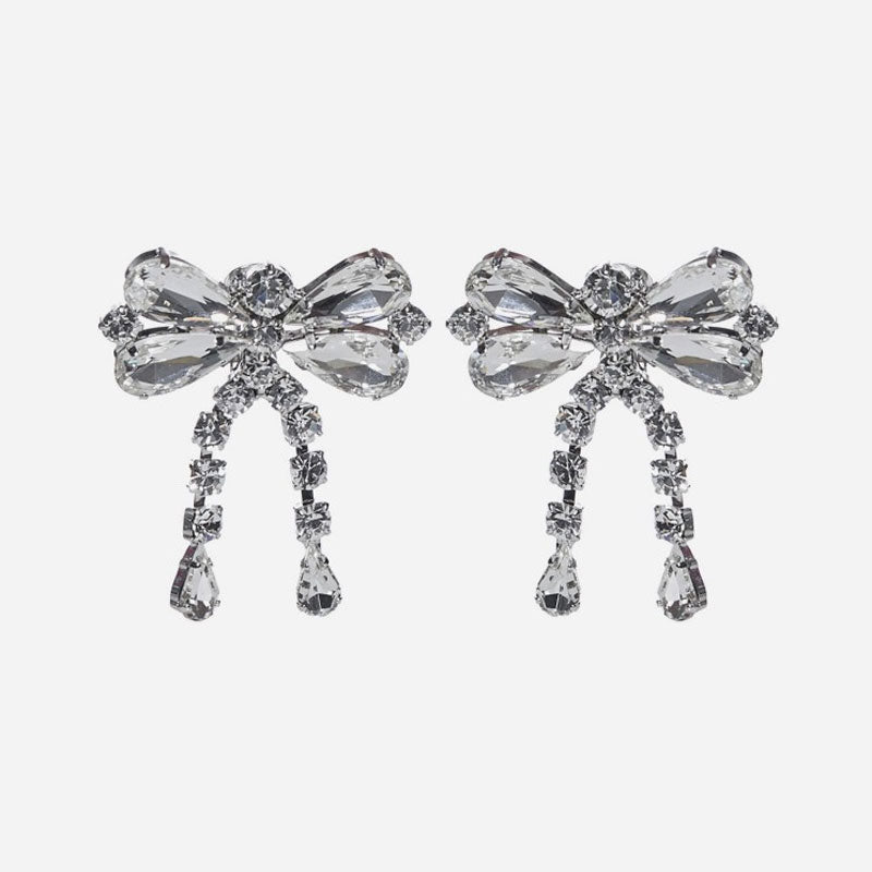 Rhinestone Bow Drop Earrings in Silver