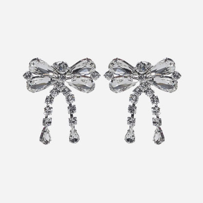 Rhinestone Bow Drop Earrings in Silver