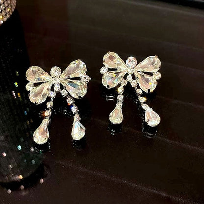 Rhinestone Bow Drop Earrings in Silver