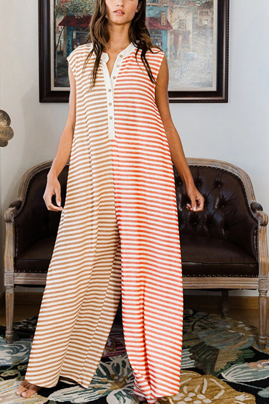 Orange Striped Pocketed Baggy Wide Leg Jumpsuit