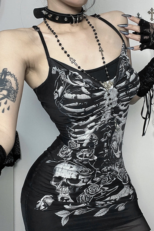 Skull Rose Cowl Gothic Dress