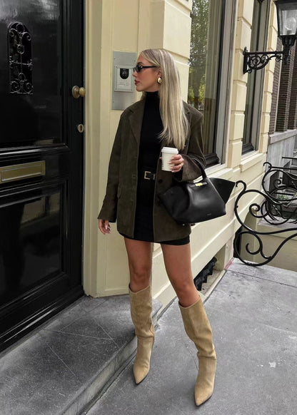 Carmelle - Faux Suede Tailored Blazer in Deep Olive