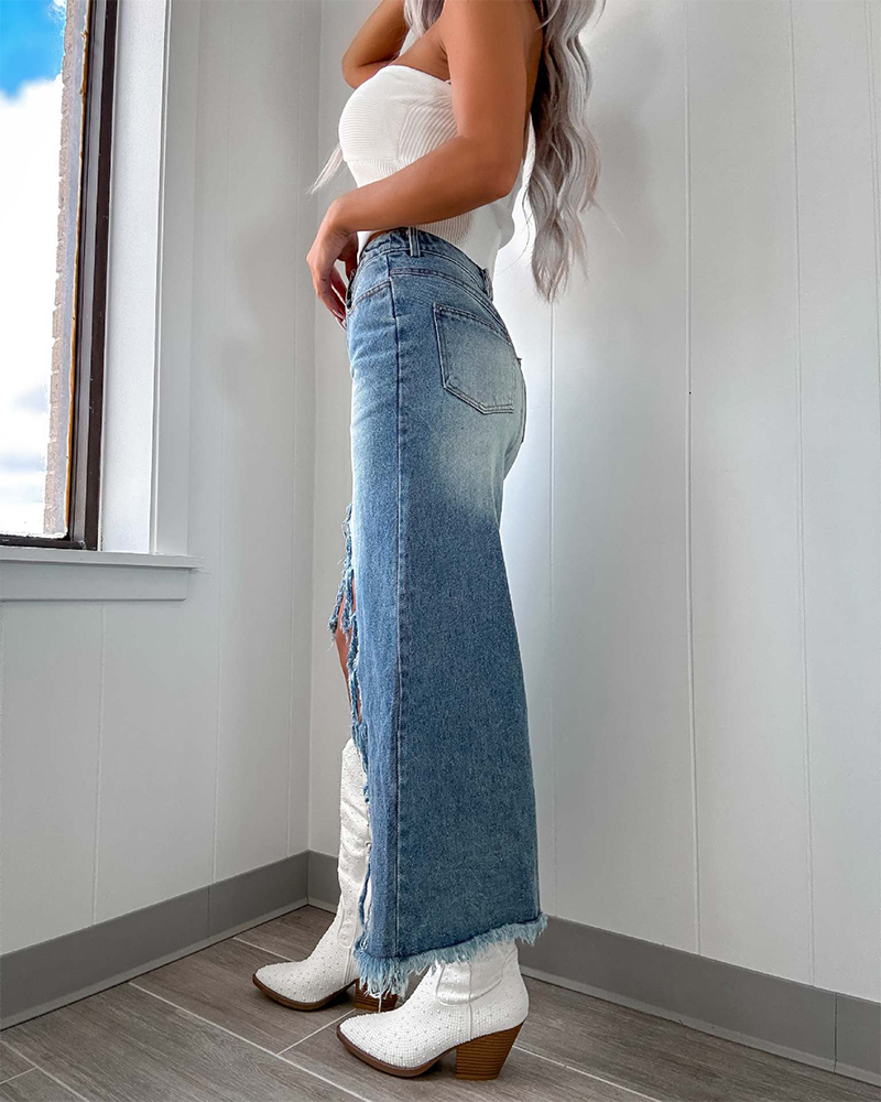 Irregular Raw Edge Denim Skirt