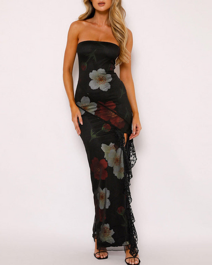 Printed Lace Panelled Bandeau Dress