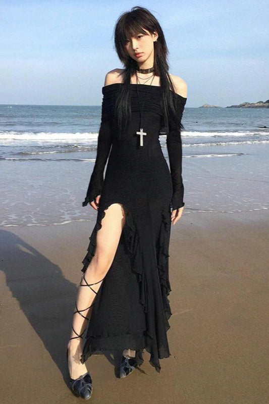 Fashionable Ruffle Hem Split Bodycon Maxi Dress