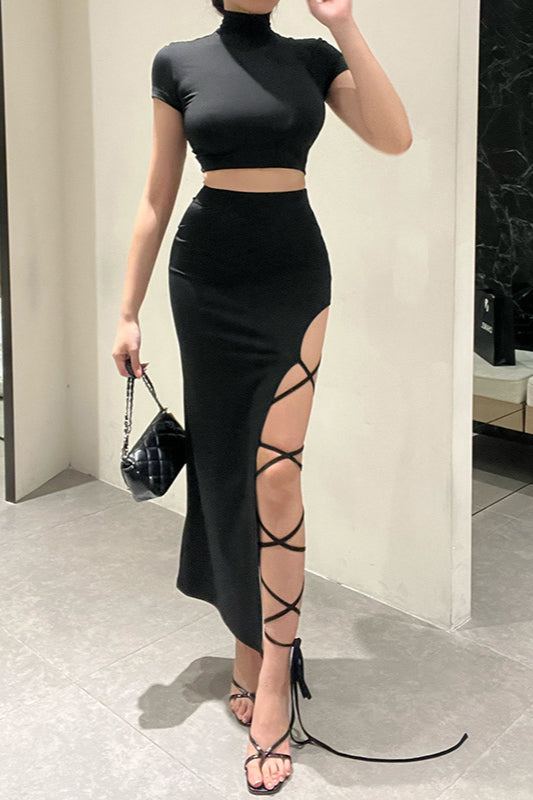 Sexy High Neck Slim T-Shirt Lace-Up Split Skirt Two Pieces Set