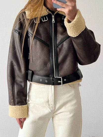Classic Brown Lambswool Lined Leather Splice Short Jacket