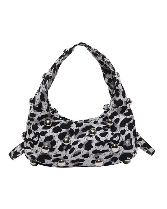 Leopard Print Retro Punk Style Studded Shoulder Bag