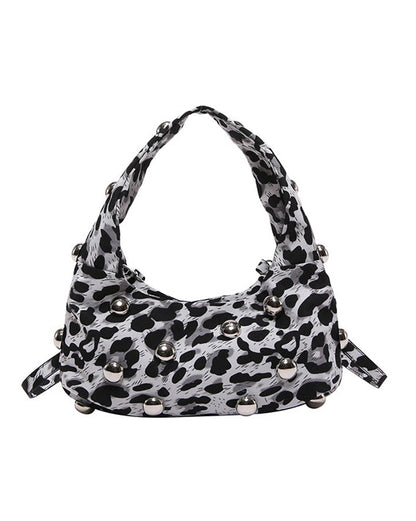 Leopard Print Retro Punk Style Studded Shoulder Bag