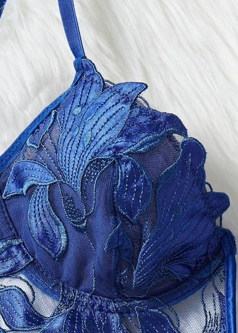 Azure Bloom - Embroidered Mesh Lingerie Set