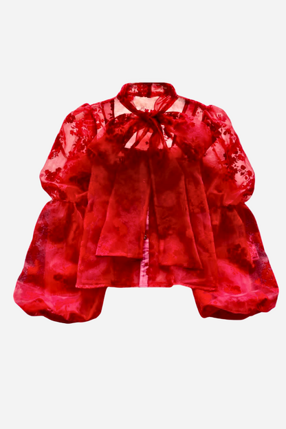 Blusa de encaje con lazo y mangas farol Hulda 