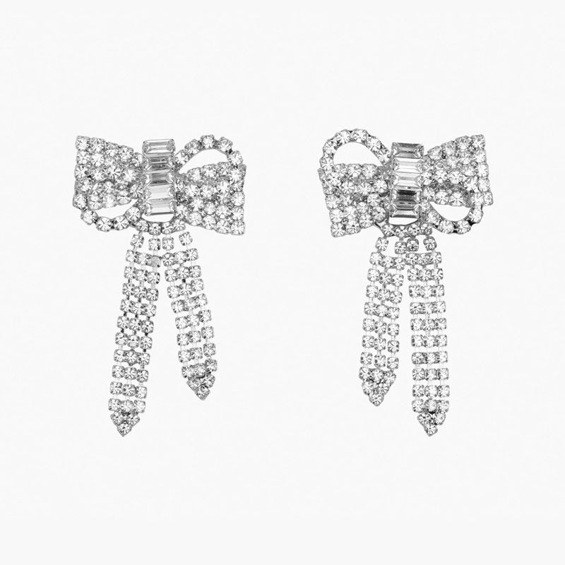 Crystal Bow Drop Earrings Silver