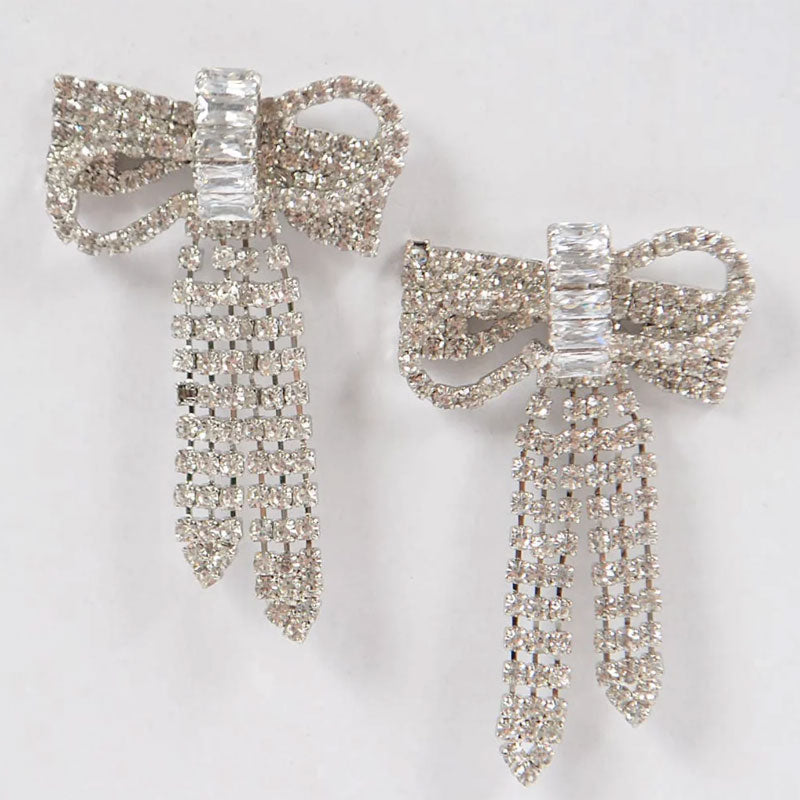 Crystal Bow Drop Earrings Silver
